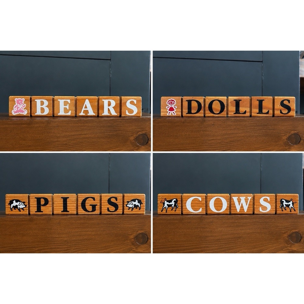 Wooden‎ Word Blocks Shelf Sitter PIGS BEARS COWS DOLLS Farmhouse Decor VTG